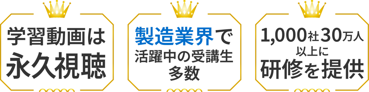学習動画は永久視聴／製造業界で活躍中の受講生多数／1,000社30万人以上に研修を提供