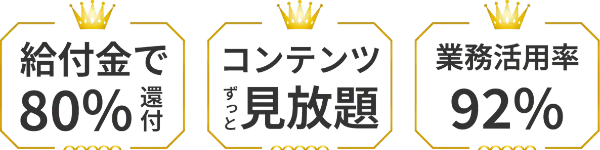 給付金で80%還付／コンテンツずっと見放題／業務活用率92%
